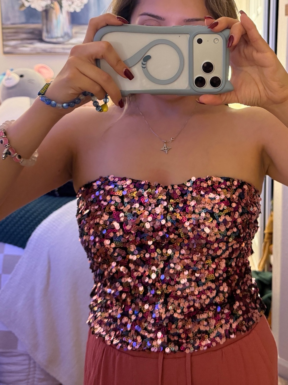 Zara Pink and Multicolor Sequin Strapless Crop Top